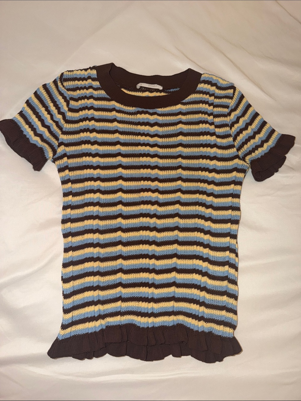 Zara Striped Short-Sleeve Knit Top - Brown, Blue & Yellow